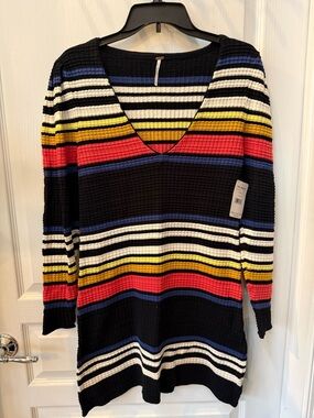 NWT Free People Black, Red, Blue & Yellow Striped Knit Top